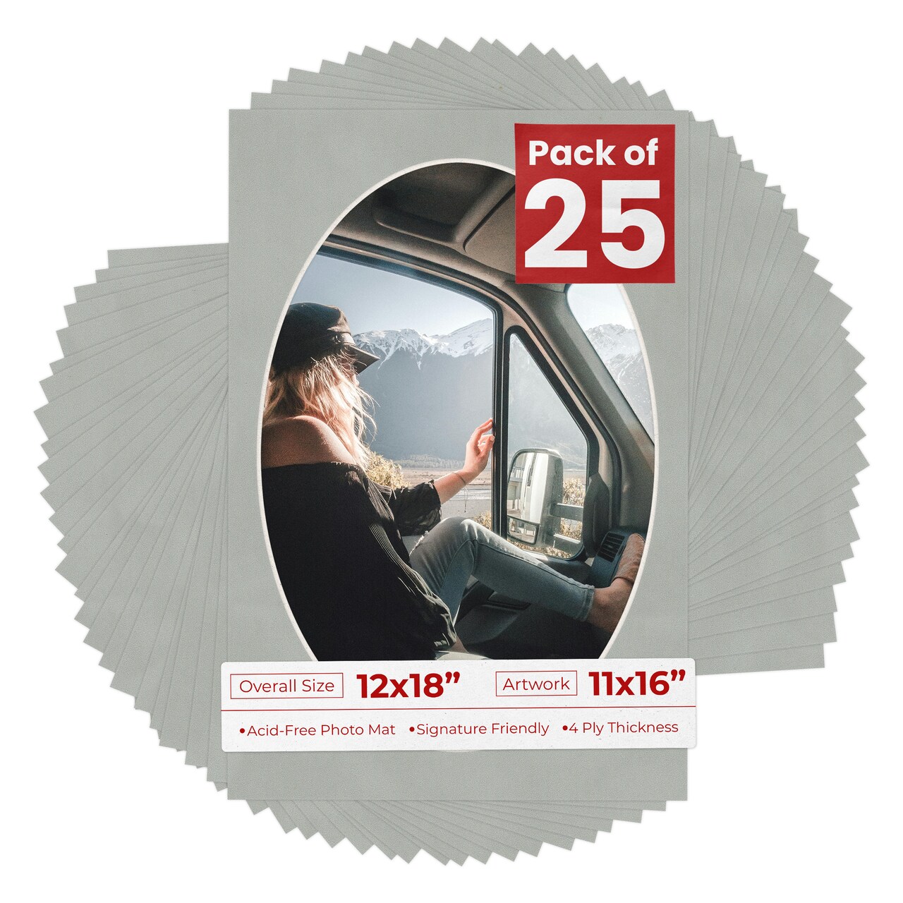 Light Grey Suede Mat Board for 12x18 Frames - Oval Opening for 11x16 Photos